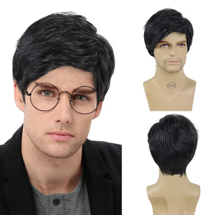 Black Natural Wigs with Bangs for Men