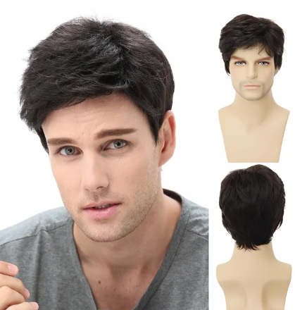 Dark Brown Short Hair Synthetic with Bangs for Men